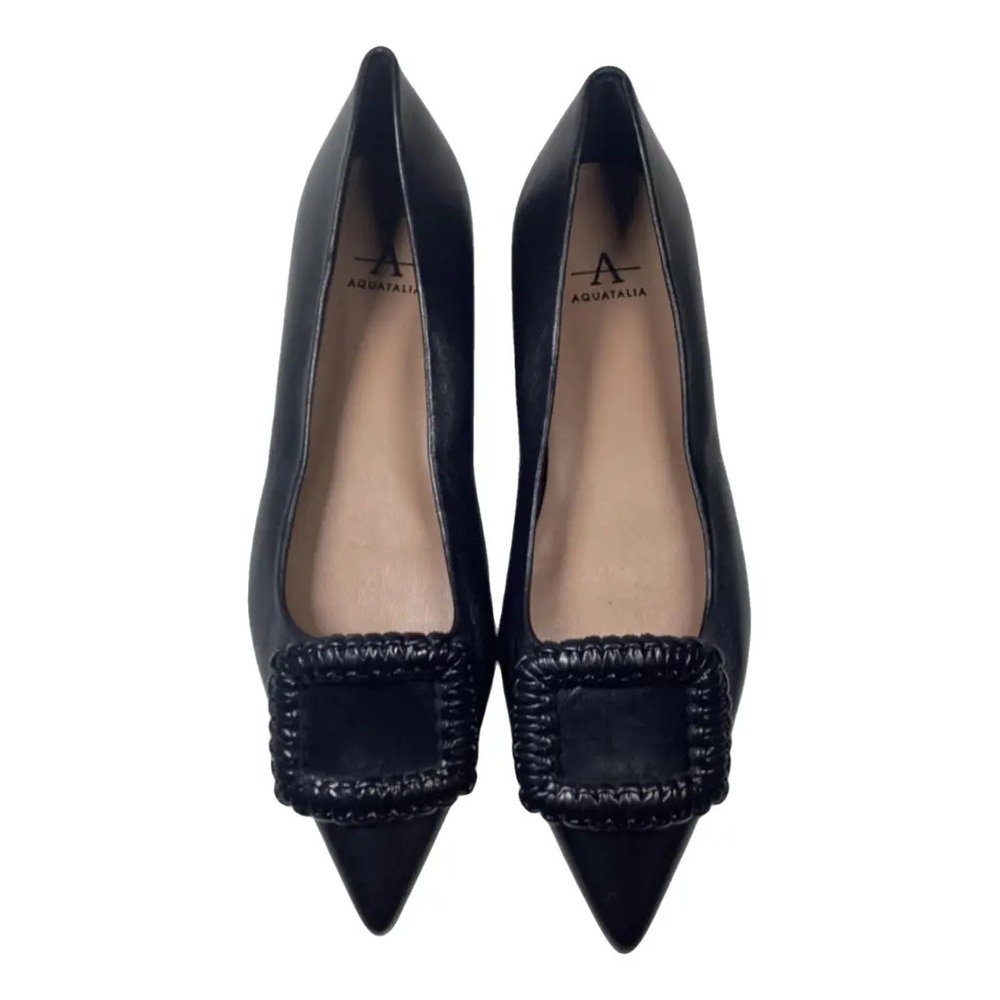 Aquatalia Black Pointed Toe Leather Flats with Braided Square Accent